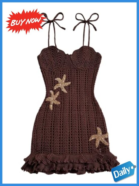 Dresses & Skirts - Boho Chic Starfish Crochet Mini Dress Tie Shoulder Ruffle Layered Sleeveless